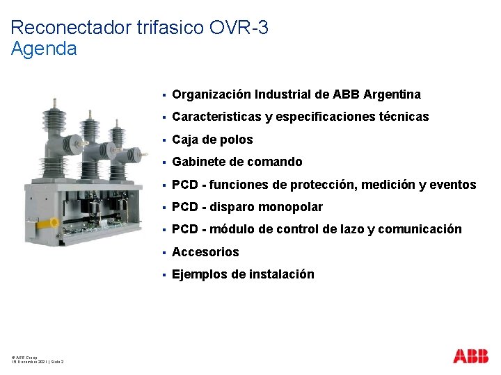 Reconectador trifasico OVR-3 Agenda © ABB Group 15 December 2021 | Slide 2 §