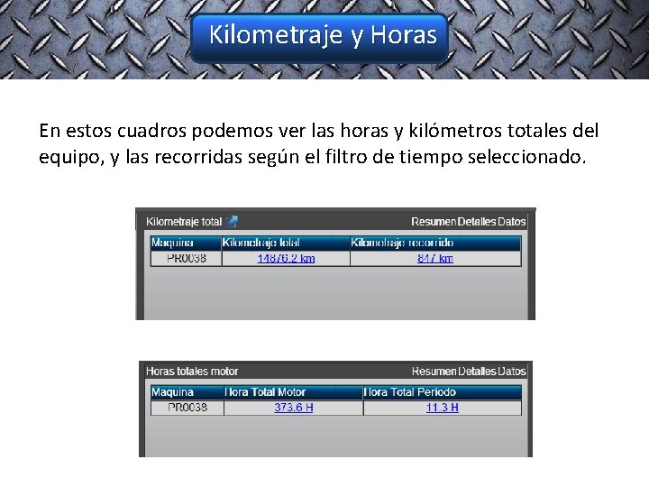 Kilometraje y Horas En estos cuadros podemos ver las horas y kilómetros totales del