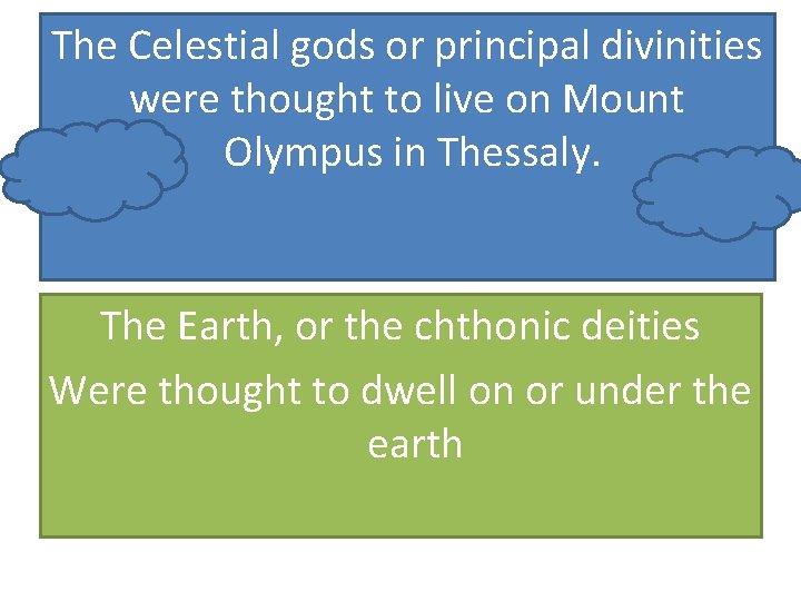 The Celestial gods or principal divinities were thought to live on Mount Olympus in