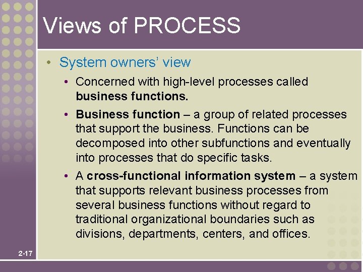 Views of PROCESS • System owners’ view • Concerned with high-level processes called business