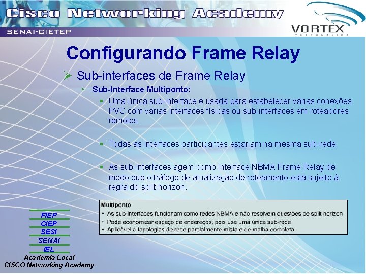 Configurando Frame Relay Ø Sub-interfaces de Frame Relay • Sub-Interface Multiponto: § Uma única