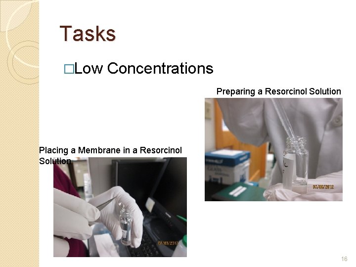 Tasks �Low Concentrations Preparing a Resorcinol Solution Placing a Membrane in a Resorcinol Solution
