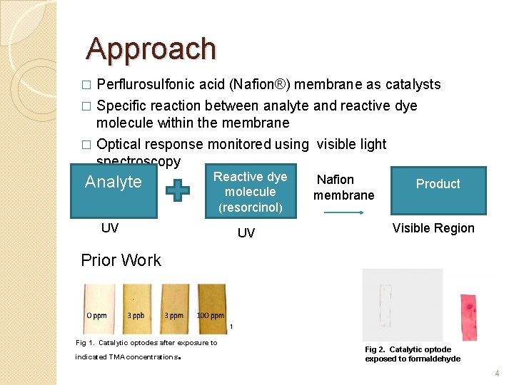 Approach Perflurosulfonic acid (Nafion®) membrane as catalysts � Specific reaction between analyte and reactive