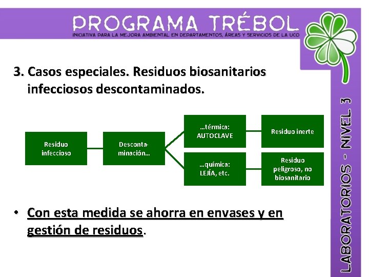 3. Casos especiales. Residuos biosanitarios infecciosos descontaminados. Residuo infeccioso Descontaminación… …térmica: AUTOCLAVE Residuo inerte