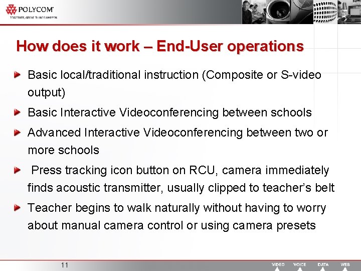 How does it work – End-User operations Basic local/traditional instruction (Composite or S-video output)