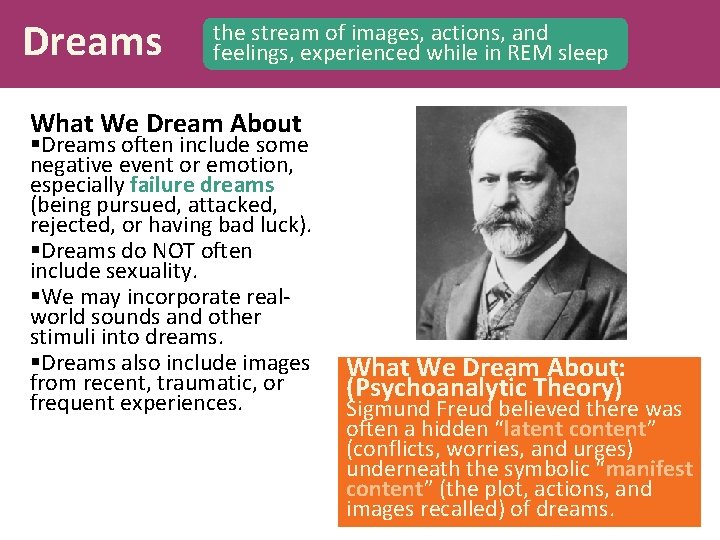 Dreams the stream of images, actions, and feelings, experienced while in REM sleep What