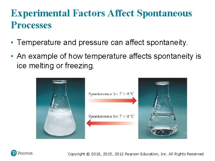 Experimental Factors Affect Spontaneous Processes • Temperature and pressure can affect spontaneity. • An