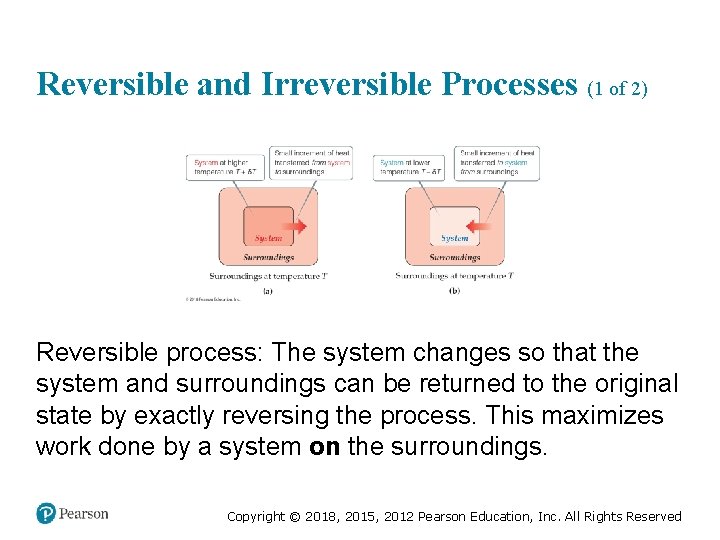 Reversible and Irreversible Processes (1 of 2) Reversible process: The system changes so that
