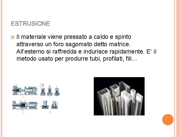 ESTRUSIONE Il materiale viene pressato a caldo e spinto attraverso un foro sagomato detto