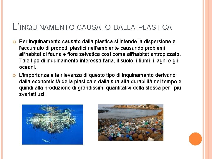 L’INQUINAMENTO CAUSATO DALLA PLASTICA Per inquinamento causato dalla plastica si intende la dispersione e