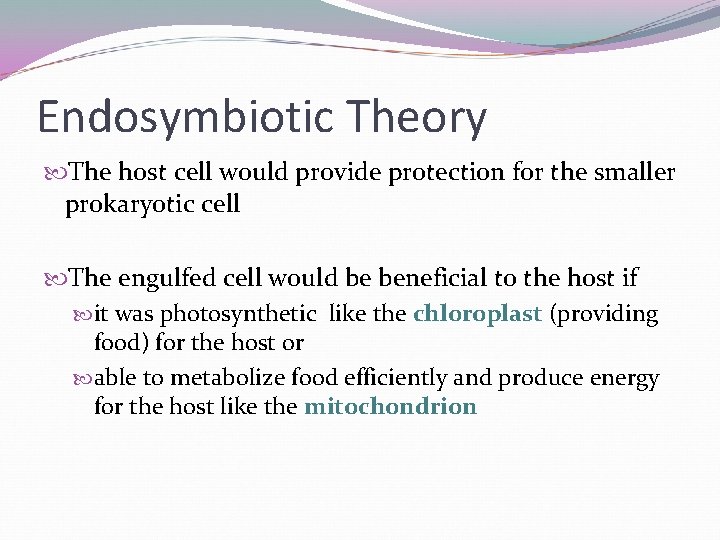 Endosymbiotic Theory The host cell would provide protection for the smaller prokaryotic cell The Endosymbiotic Theory The host cell would provide protection for the smaller prokaryotic cell The