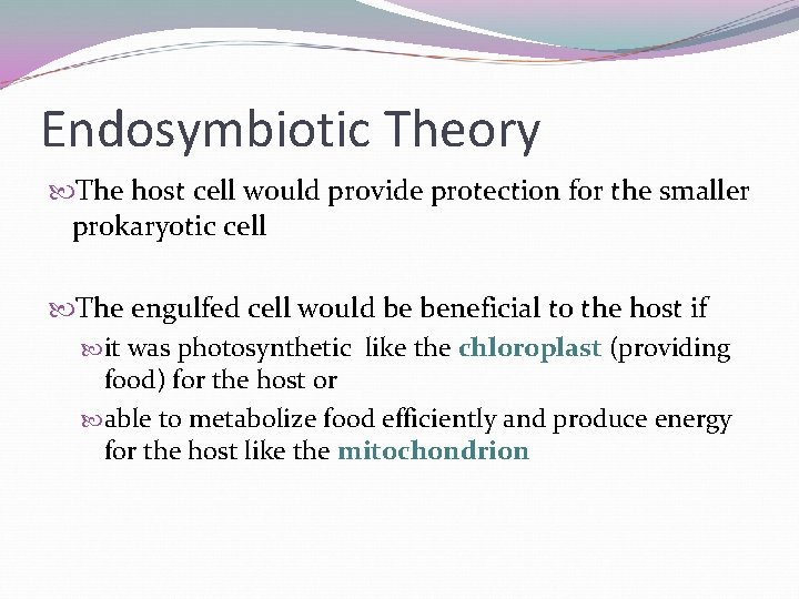 Endosymbiotic Theory The host cell would provide protection for the smaller prokaryotic cell The