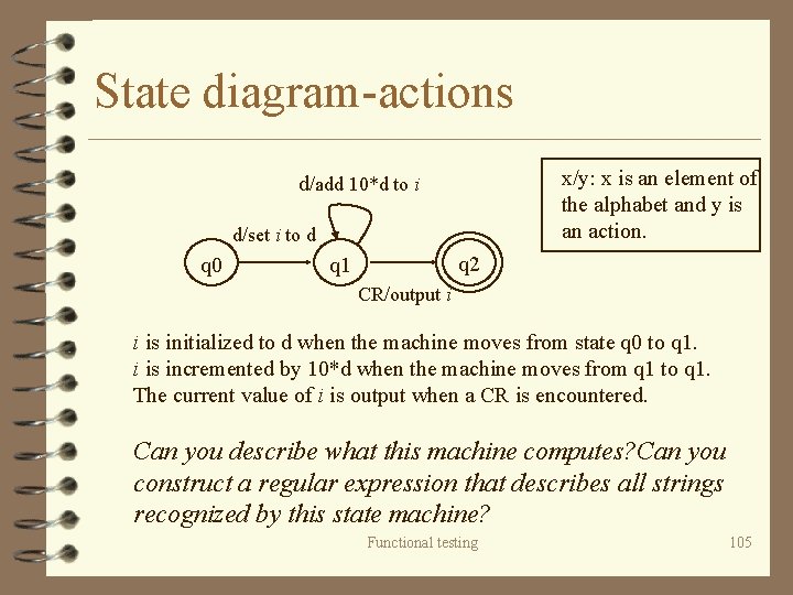 State diagram-actions x/y: x is an element of the alphabet and y is an