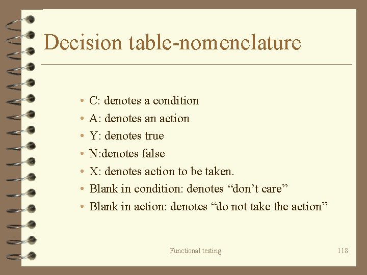 Decision table-nomenclature • • C: denotes a condition A: denotes an action Y: denotes