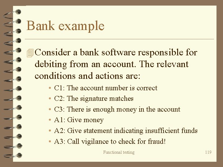 Bank example 4 Consider a bank software responsible for debiting from an account. The