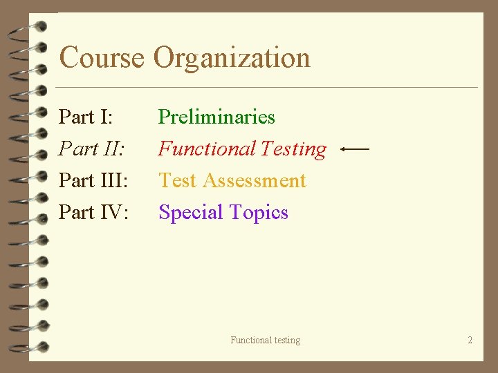 Course Organization Part I: Part III: Part IV: Preliminaries Functional Testing Test Assessment Special