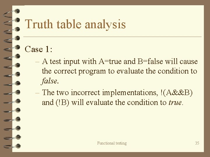 Truth table analysis Case 1: – A test input with A=true and B=false will