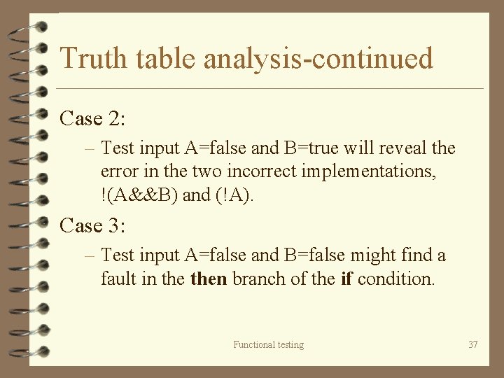 Truth table analysis-continued Case 2: – Test input A=false and B=true will reveal the