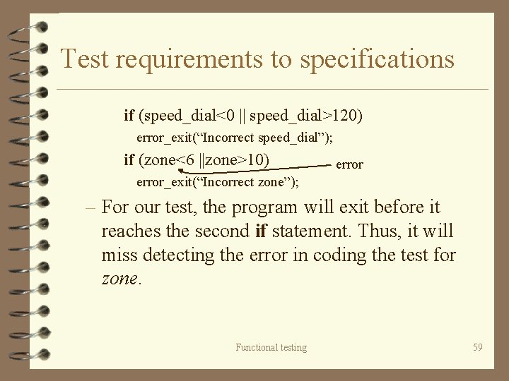 Test requirements to specifications if (speed_dial<0 || speed_dial>120) error_exit(“Incorrect speed_dial”); if (zone<6 ||zone>10) error_exit(“Incorrect