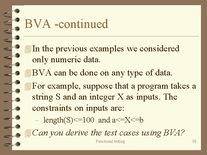 BVA -continued 4 In the previous examples we considered only numeric data. 4 BVA