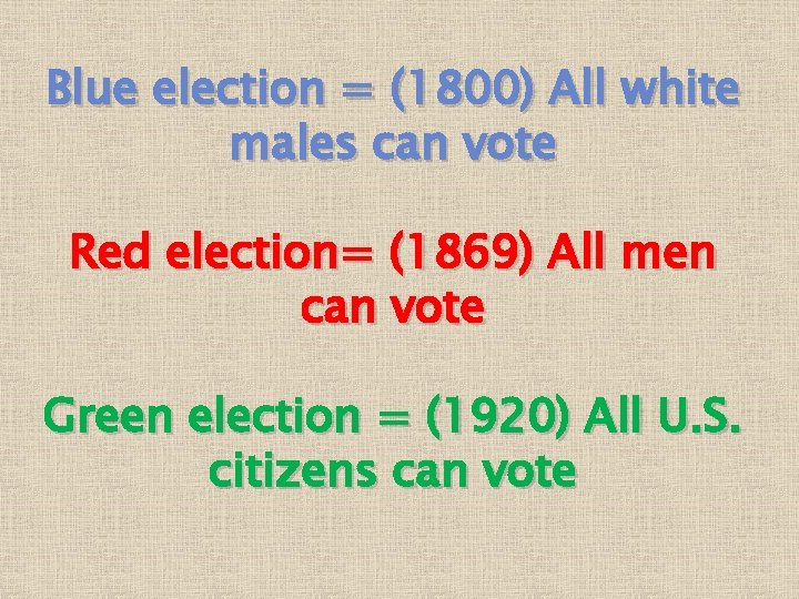 Blue election = (1800) All white males can vote Red election= (1869) All men