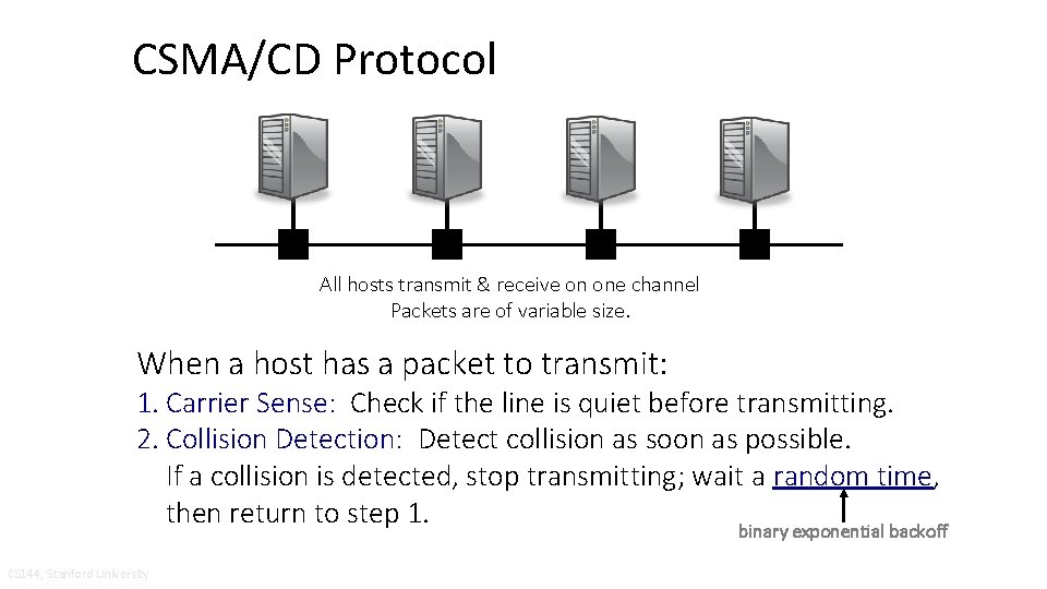 CSMA/CD Protocol All hosts transmit & receive on one channel Packets are of variable