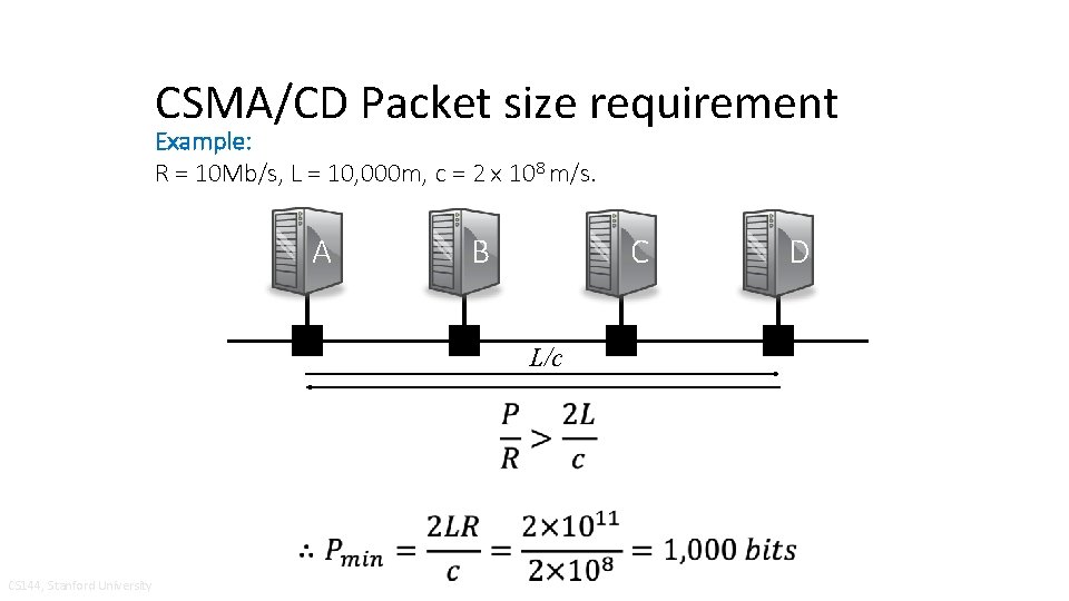 CSMA/CD Packet size requirement Example: R = 10 Mb/s, L = 10, 000 m,