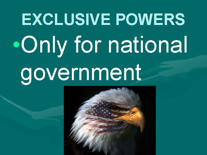 EXCLUSIVE POWERS • Only for national government 