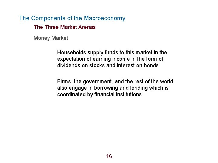 The Components of the Macroeconomy The Three Market Arenas Money Market Households supply funds