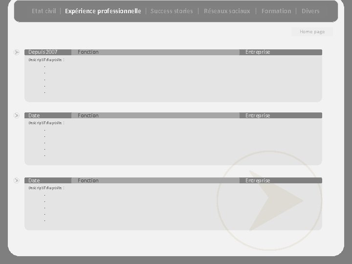 Etat civil Expérience professionnelle Success stories Réseaux sociaux Formation Divers Home page Depuis 2007
