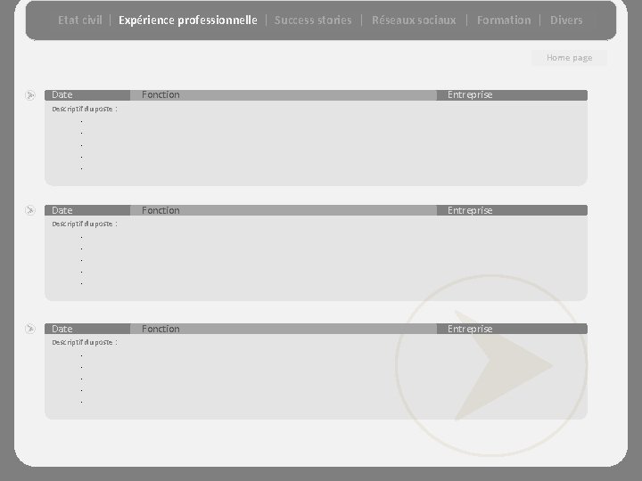 Etat civil Expérience professionnelle Success stories Réseaux sociaux Formation Divers Home page Date Fonction