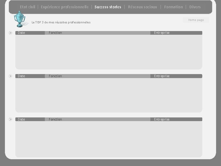 Etat civil Expérience professionnelle Success stories Réseaux sociaux Formation Divers Home page Le TOP