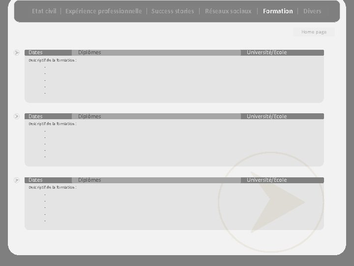 Etat civil Expérience professionnelle Success stories Réseaux sociaux Formation Divers Home page Dates Diplômes