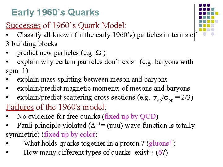 Early 1960’s Quarks Successes of 1960’s Quark Model: • Classify all known (in the