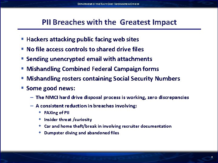 DEPARTMENT OF THE NAVY CHIEF INFORMATION OFFICER PII Breaches with the Greatest Impact §