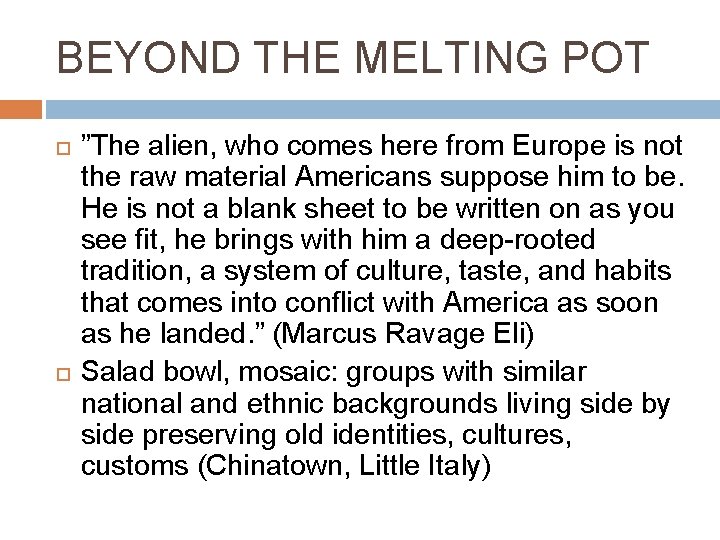 BEYOND THE MELTING POT ”The alien, who comes here from Europe is not the