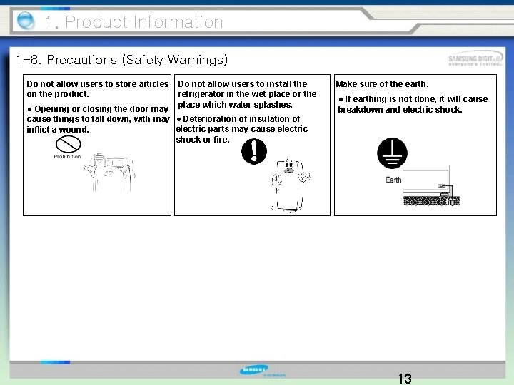 1. Product Information 1 -8. Precautions (Safety Warnings) Do not allow users to store