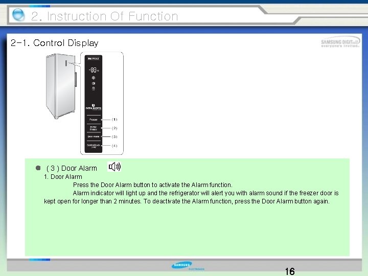 2. Instruction Of Function 2 -1. Control Display ( 3 ) Door Alarm 1.