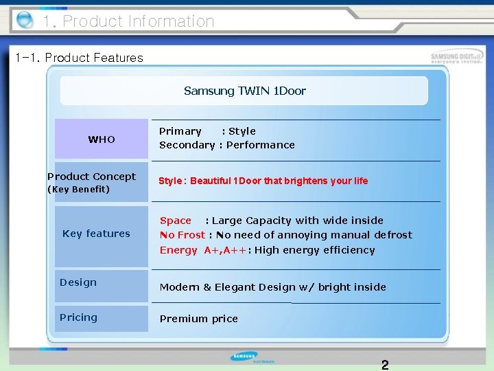 1. Product Information 1 -1. Product Features Samsung TWIN 1 Door WHO Product Concept