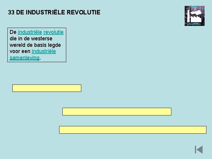 33 DE INDUSTRIËLE REVOLUTIE De industriële revolutie die in de westerse wereld de basis