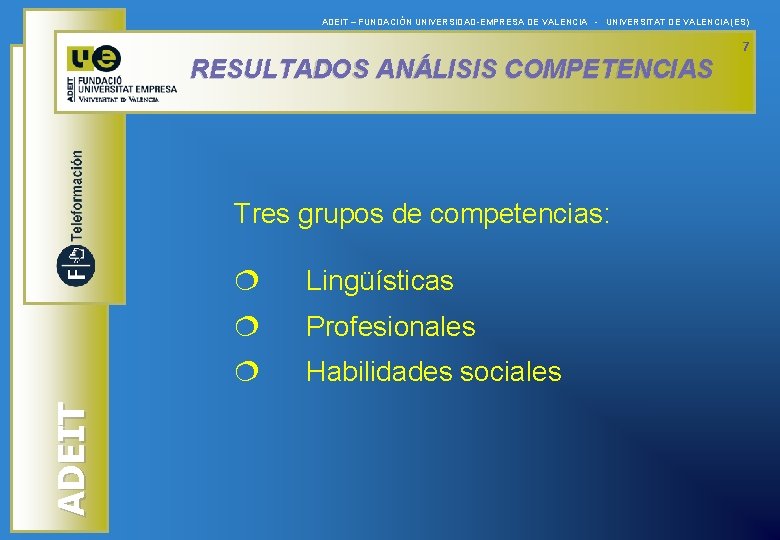 ADEIT – FUNDACIÓN UNIVERSIDAD-EMPRESA DE VALENCIA - UNIVERSITAT DE VALENCIA (ES) 7 RESULTADOS ANÁLISIS