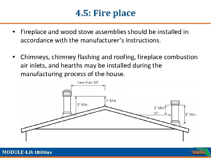 4. 5: Fire place • Fireplace and wood stove assemblies should be installed in