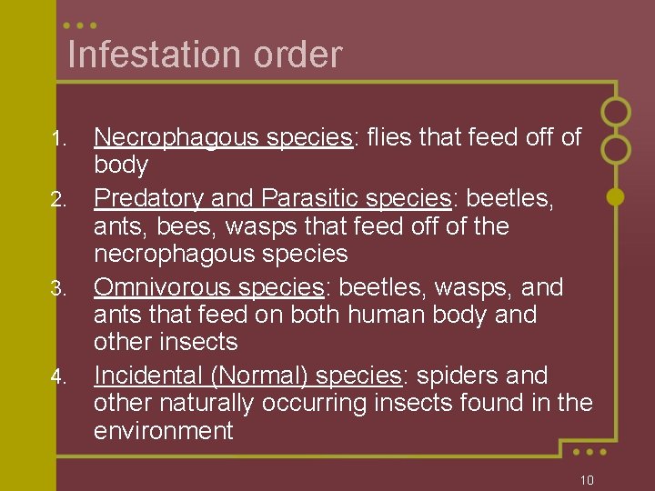 Infestation order 1. 2. 3. 4. Necrophagous species: flies that feed off of body