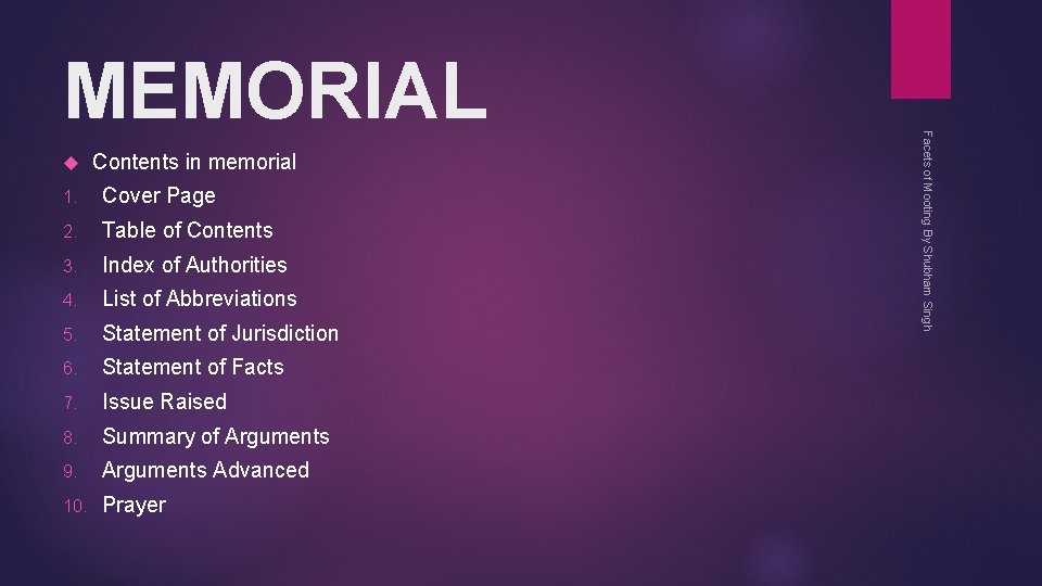  Contents in memorial 1. Cover Page 2. Table of Contents 3. Index of