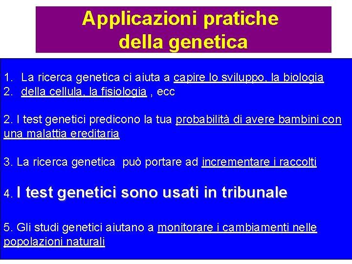 Applicazioni pratiche della genetica 1. La ricerca genetica ci aiuta a capire lo sviluppo,