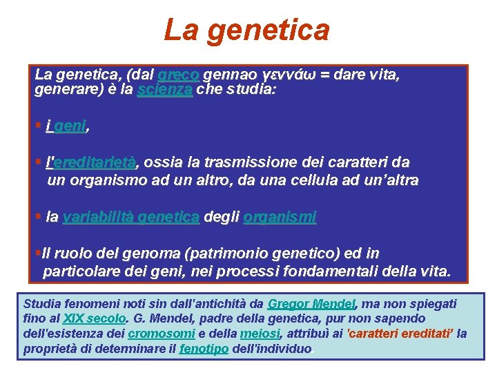 La genetica, (dal greco gennao γεννάω = dare vita, generare) è la scienza che