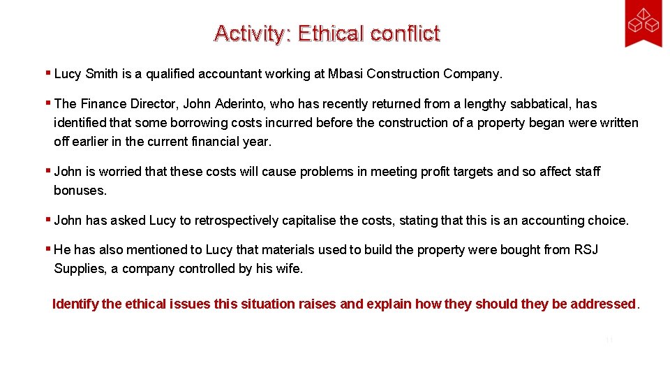 Activity: Ethical conflict § Lucy Smith is a qualified accountant working at Mbasi Construction