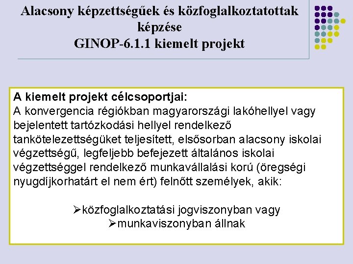 Alacsony képzettségűek és közfoglalkoztatottak képzése GINOP-6. 1. 1 kiemelt projekt A kiemelt projekt célcsoportjai: