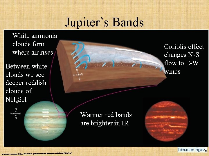 Jupiter’s Bands White ammonia clouds form where air rises Coriolis effect changes N-S flow