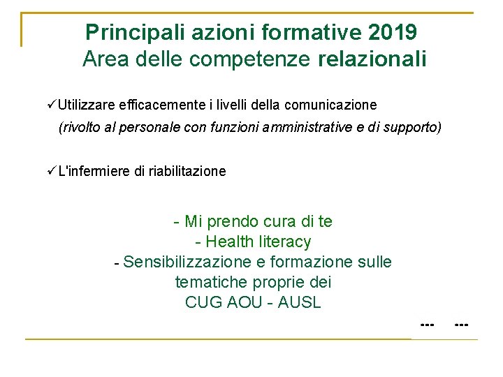 Principali azioni formative 2019 Area delle competenze relazionali Utilizzare efficacemente i livelli della comunicazione